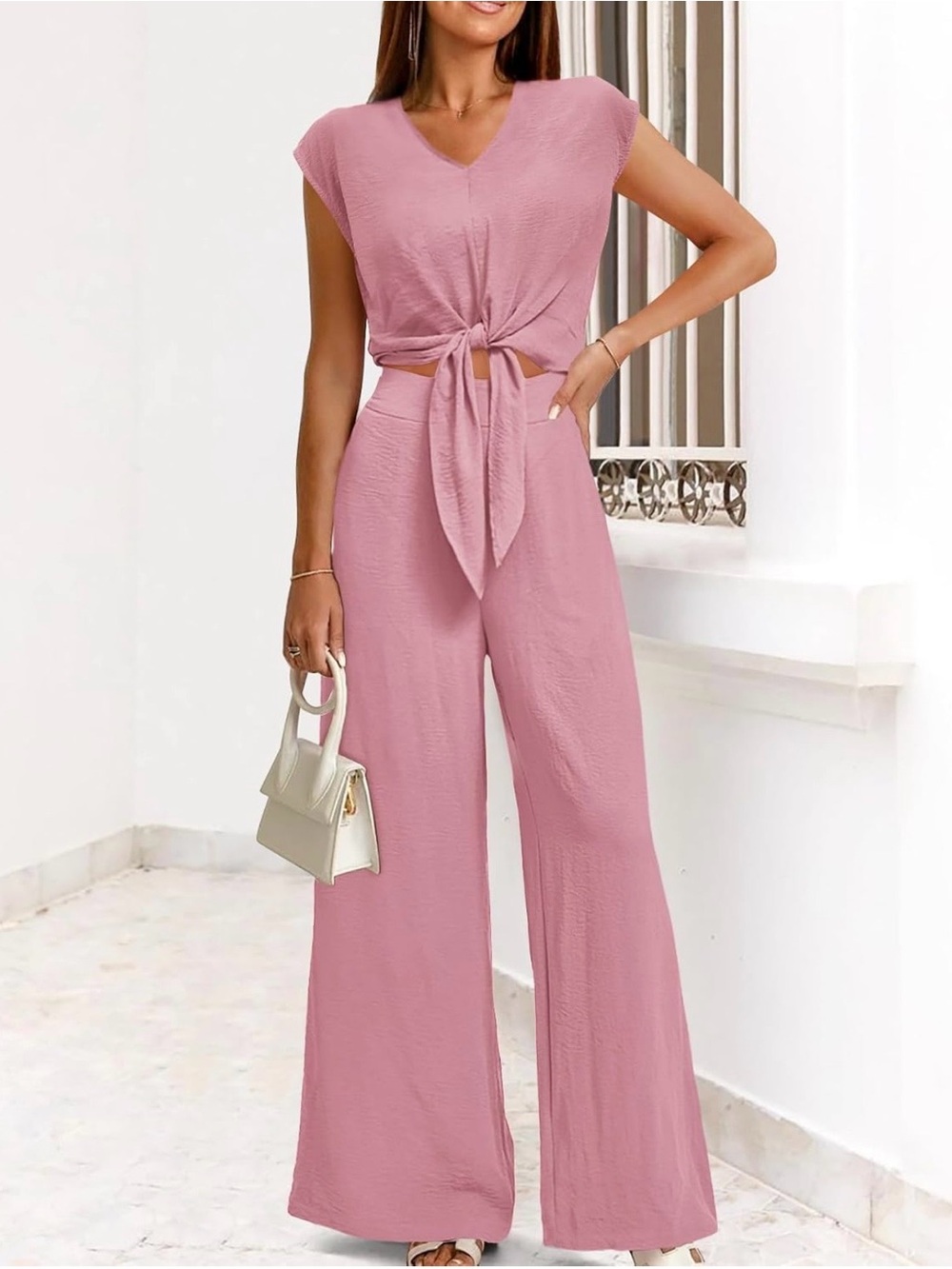 PrettyGarden Tie-Front Wide-Leg Set in Dusty Rose